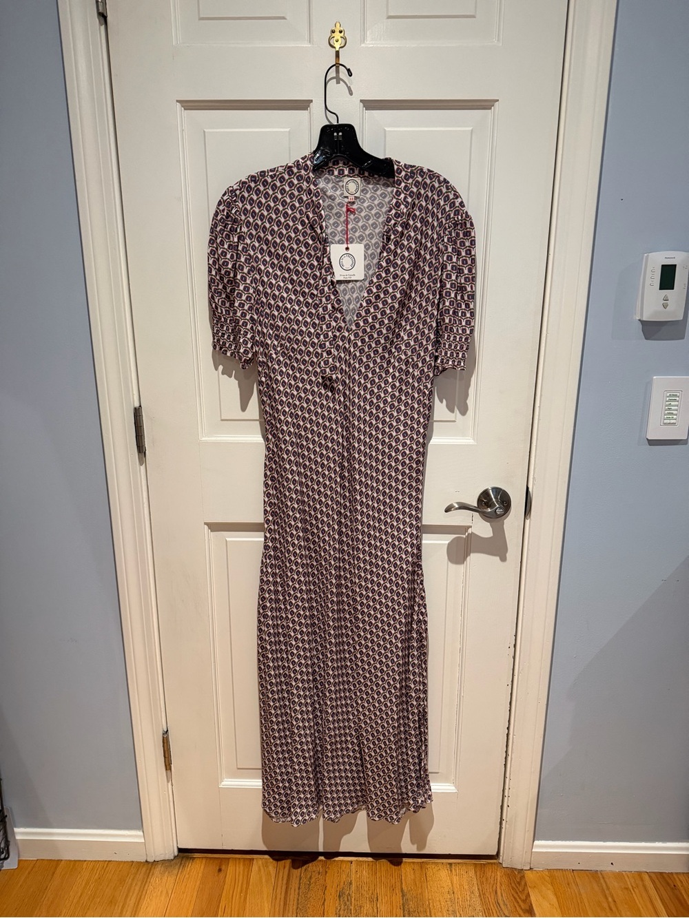 V-Neck Burgundy Patterned Midi Dress